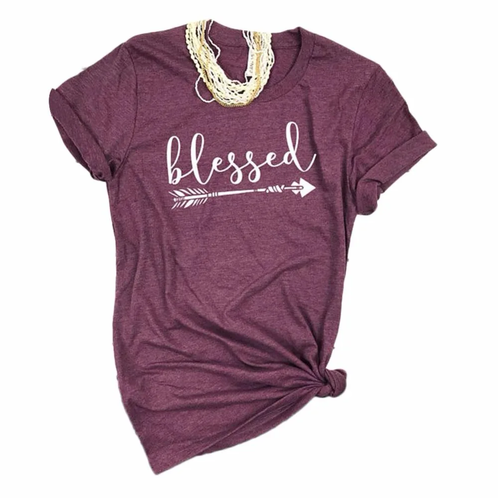 

2018 Women T-shirt Short Sleeve blessed Arrow Letter Printed O-Neck Female Tops Tee Fashion Summer Casual Loose Soft Ladies Tops