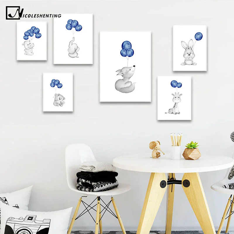 Animal Balloon Picture Baby Nursery Wall Art Canvas Child Poster Bunny Elephant Print Painting Nordic Kid Bedroom Decoration