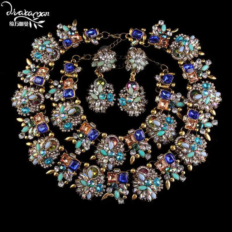 Бренд Dvacaman,, индийская свадьба, три комплекта ювелирных изделий, роскошный кристалл, для помолвки, вечерние аксессуары для женщин, Bijoux Femme V94 - Окраска металла: BLUE