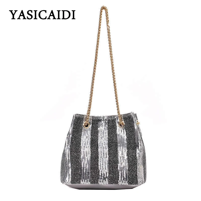 

YASICAIDI 2019 Summer Women Casual Chain Strap Sequined Handbag Patchwork Pattern Shoulder Bags Fashion Bucket Lady Tote Bag Sac