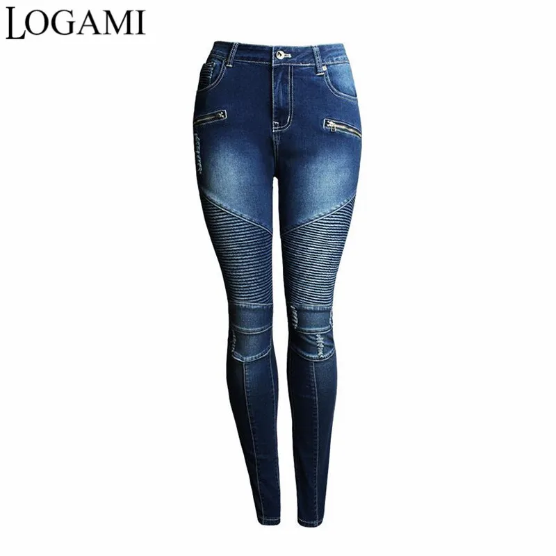 Logami модные обтягивающие джинсы женские рваные карандаш Брюки для девочек Женская обувь на застежке-молнии Зауженные джинсы