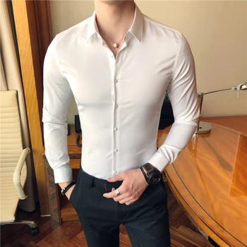 

Men Slim Fit Shirt Social Man Long Sleeve Shirts Chemise Homme Cotton Casual Solid Color Black White Plus Size 3XL Mauchley 2018