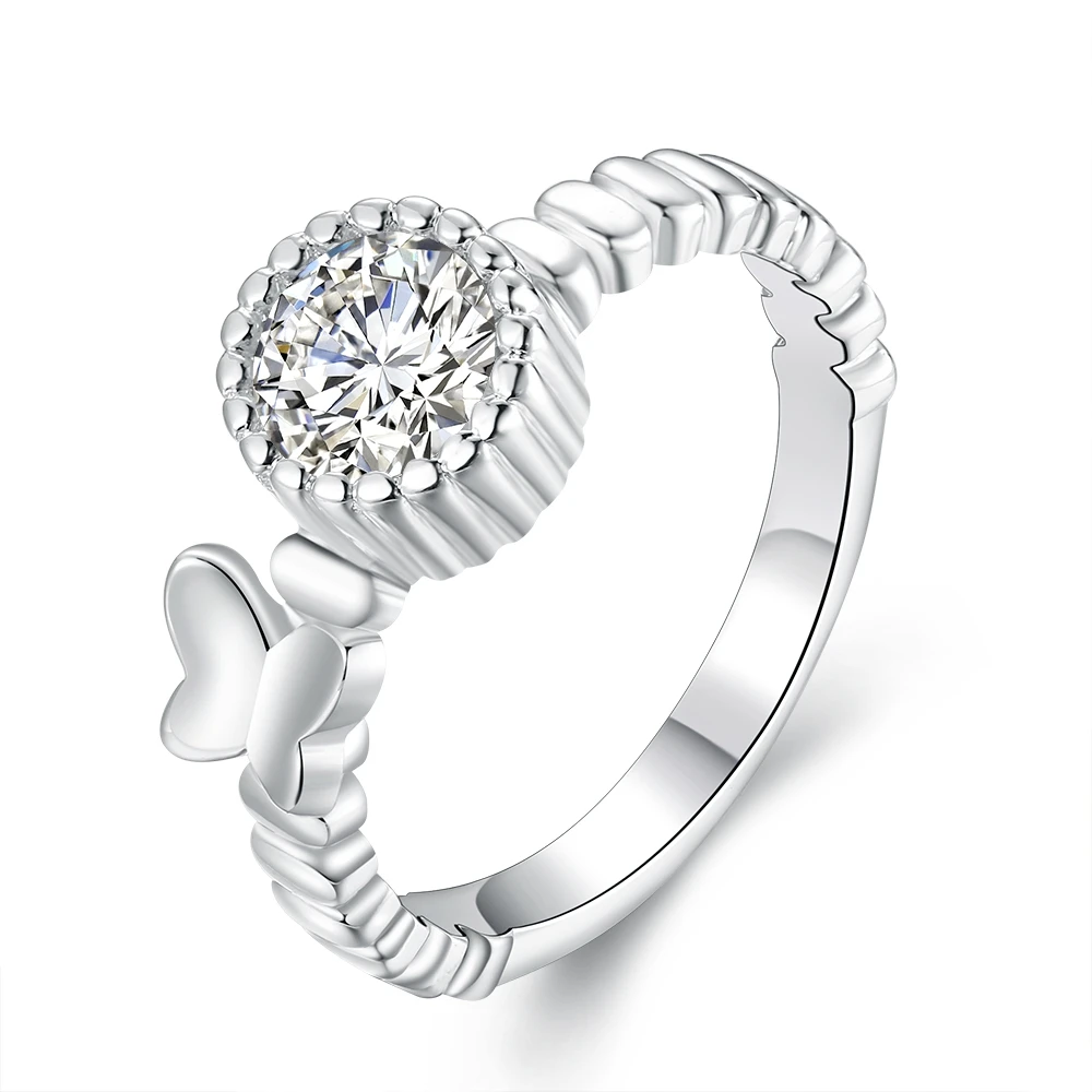 

R683 Silver Fashion wedding Jewelry round crystal stone butterfly ring for women trendy Top Quality Silver Plated&Stamped 925