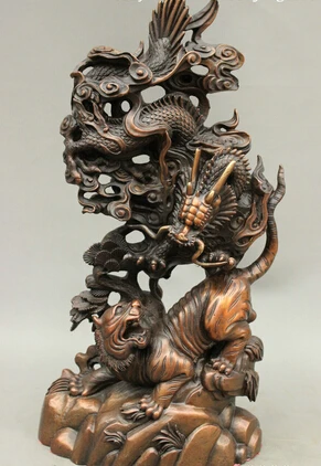 

007944 15" Folk Chinese Bronze Animals Wealth Year Zodiac Dragon Tiger Fight Statue