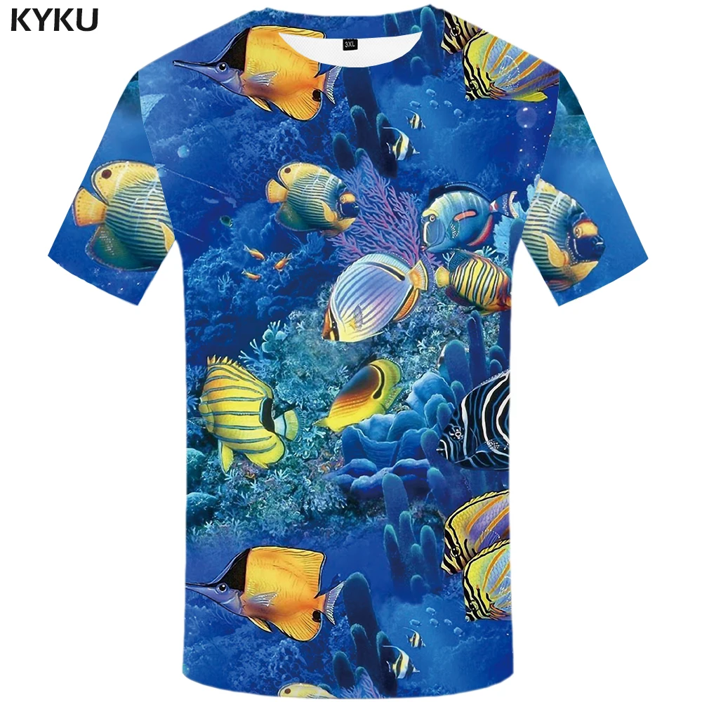 

KYKU Brand Fish T Shirt Men 3d Tshirt Animal Print T-shirt Punk Rock Clothes Ocean Tracksuits Fishinger Hip Hop Mens Clothing