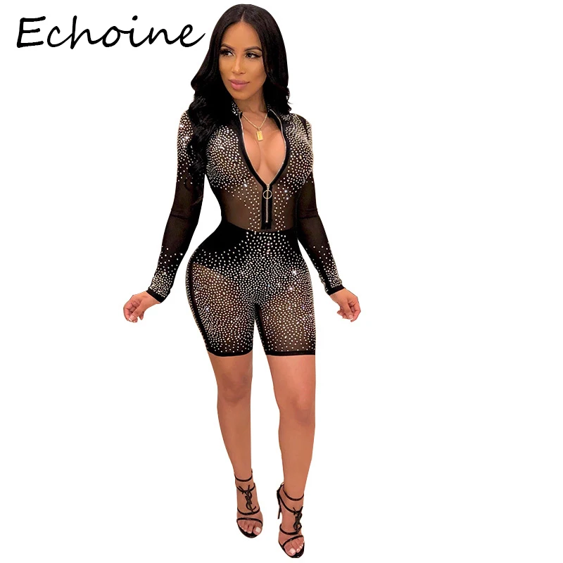 

Echoine Playsuit Women Sheer Mesh Diamond Long Sleeve Zipper Slinky Bodycon Cluewear Rompers Womens Jumpsuit Outfits