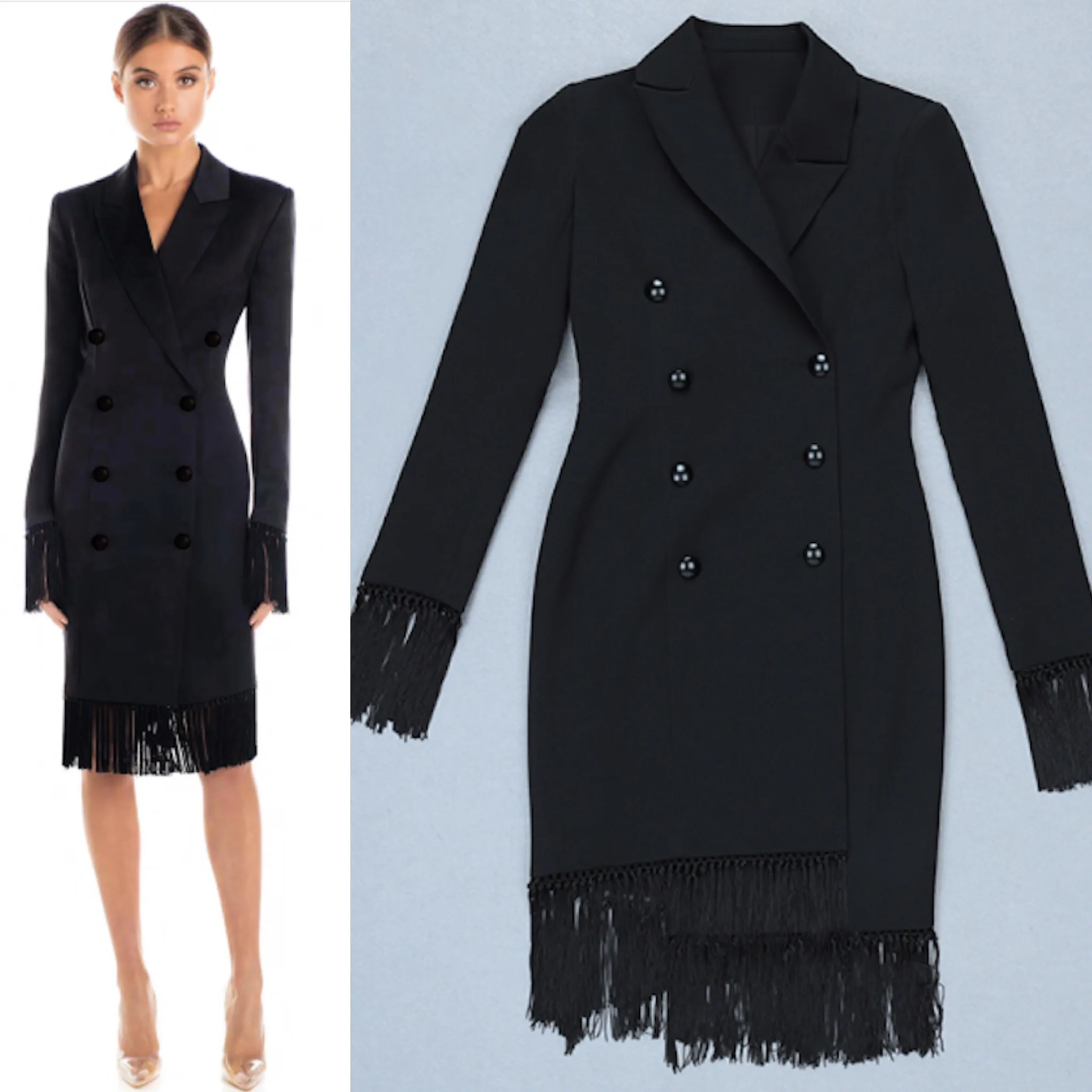 High Quality Summer Dress Women Fashion Tassels Knee Length Black Dress Elegant Office Ladies Blazer Buttons Empire Vestido