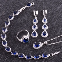 Синий кубический цирконий Белые Стразы 925 пробы серебряные Ювелирные наборы для женщин серьги/кулон/ожерелье/кольца/браслет