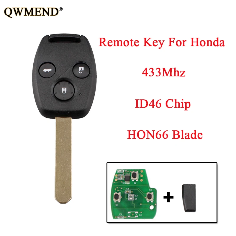 QWMEND дистанционный ключ 433 МГц для Honda Accord Civic 2003 2004 2005 2006 2007 автомобильный брелок 3