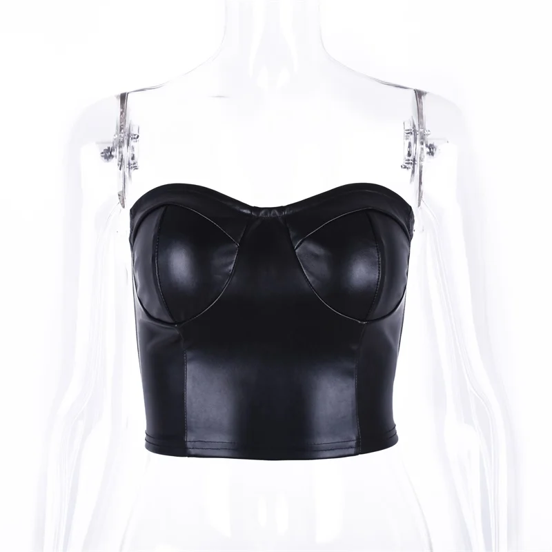 Hugcitar slash V-Neck PU сексуальный топ на бретелях летняя женская мода уличные вечерние топы из кусков