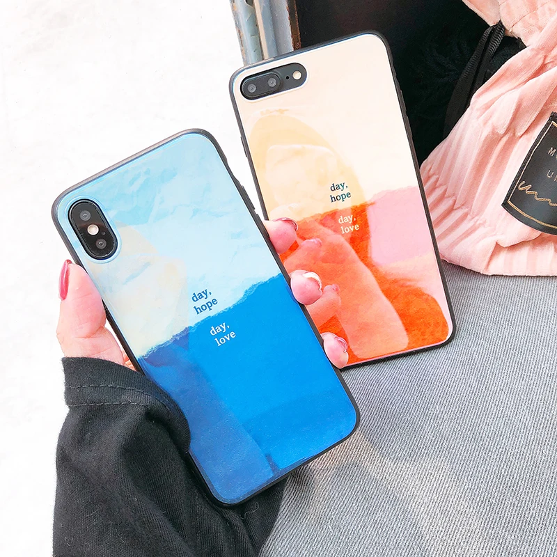 

Tempered Glass Phone Cases For iPhone 7 Plus Case Luxury Pure Color Gradient Back Cover For iPhone X 7 8 Plus Coque Capas