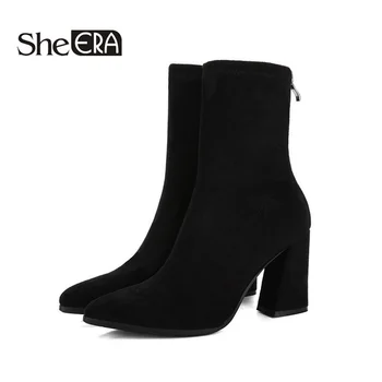 

New Fashion Women Flock Ankle Boots Pointed Toe Zippered Women Boots Autumn/Winter Classic Female Shoes She ERA