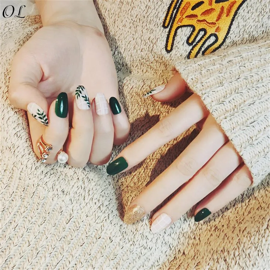 

24pcs Round Head Full Nail Tips Tool Artificial Fake Nail Art with Glue Summer Green Leaf Pattern False Nails Pre-design #