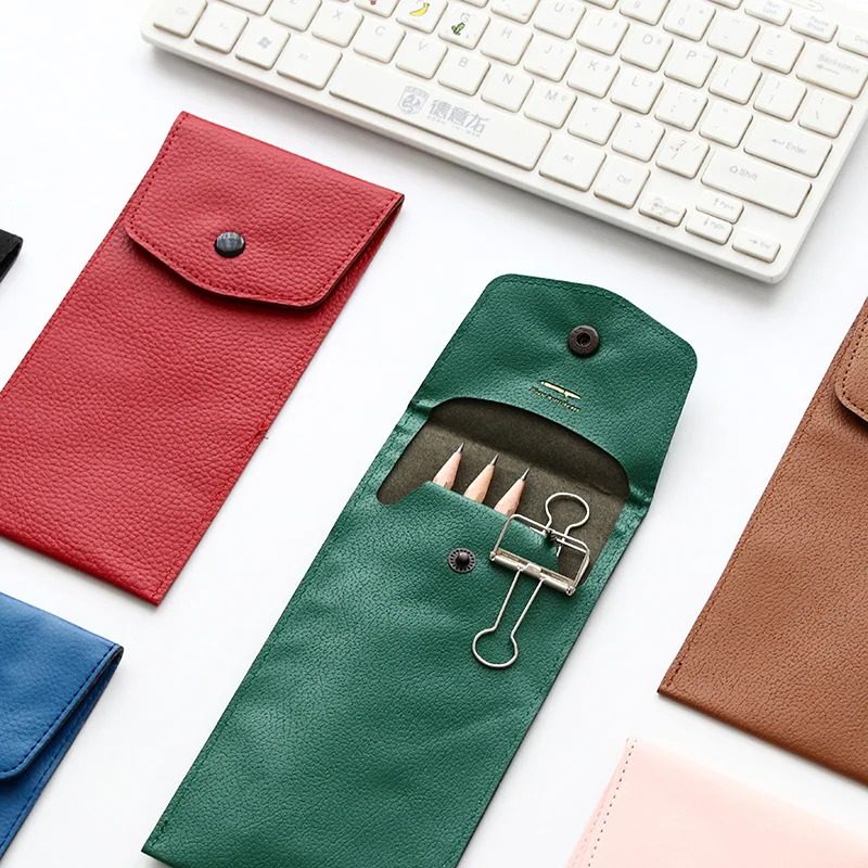 Simple Business Pencil Case Portable Buckle Leather Student Stationery