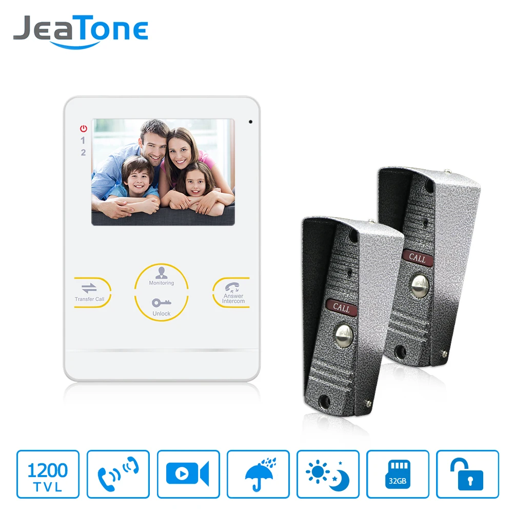 JeaTone Video Door Intercom Door Phone Recording Doorbell Camera Intercom 4 Inch 1200TVL HD Additional Monitor Support 1V2 JeaTone Video Door Intercom Door Phone Recording Doorbell Camera Intercom 4 Inch 1200TVL HD Additional Monitor Support 1V2