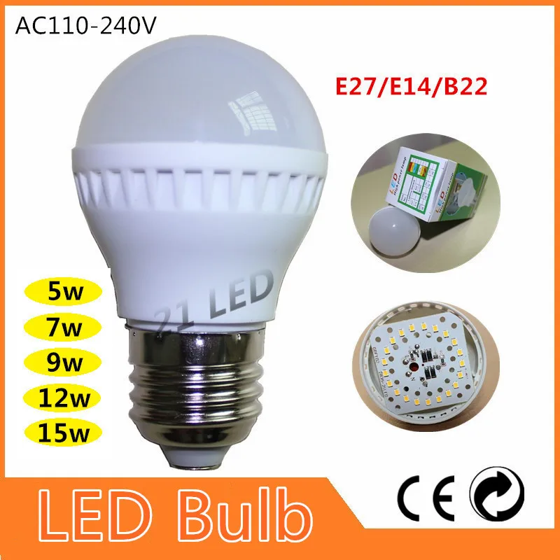

6pcs High brightness LED Bulb Lamp E27 2835SMD 5W 7W 9W 12W 15W AC110V 220V 230V 240V E14 B22Cold/warm white Free shipping