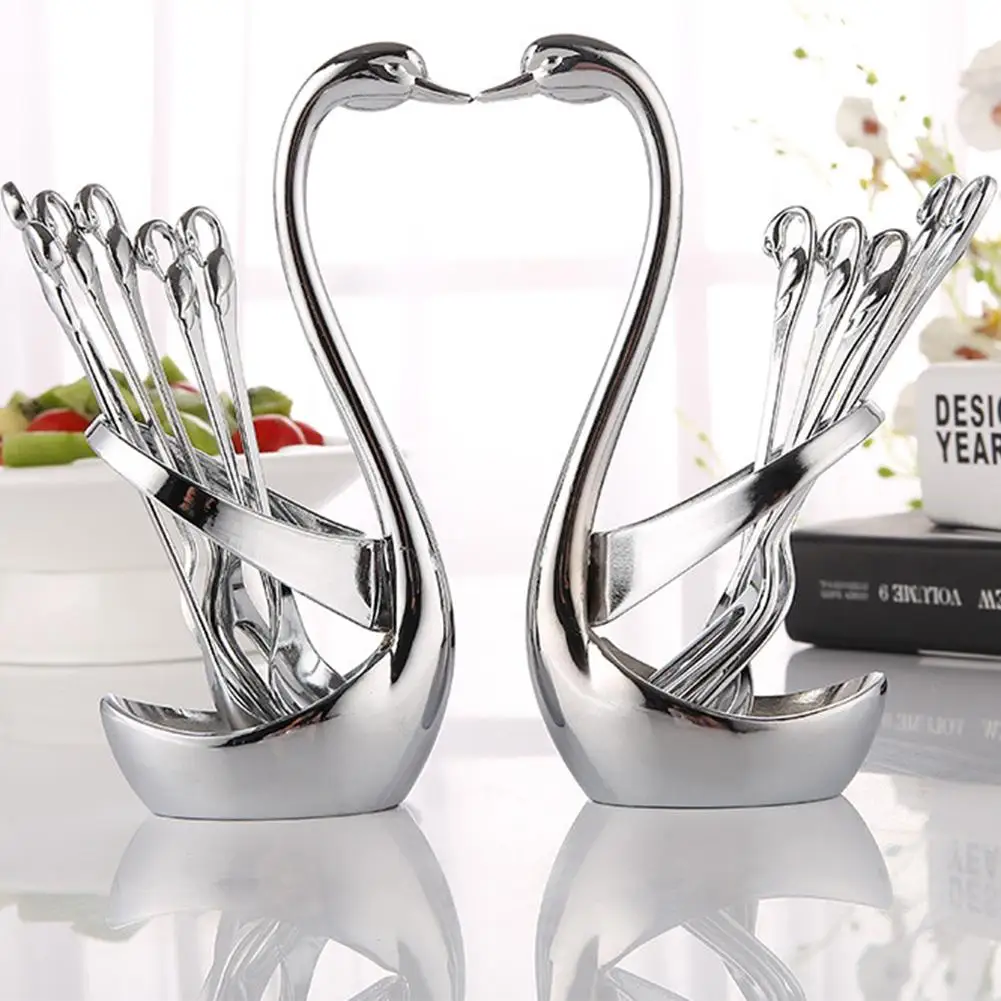 

Alloy Swan Fork Tableware Fork Spoon Set Stand Holder Dinnerware Sets Wedding Party Fruit Holder Decoration Dinner Silverware