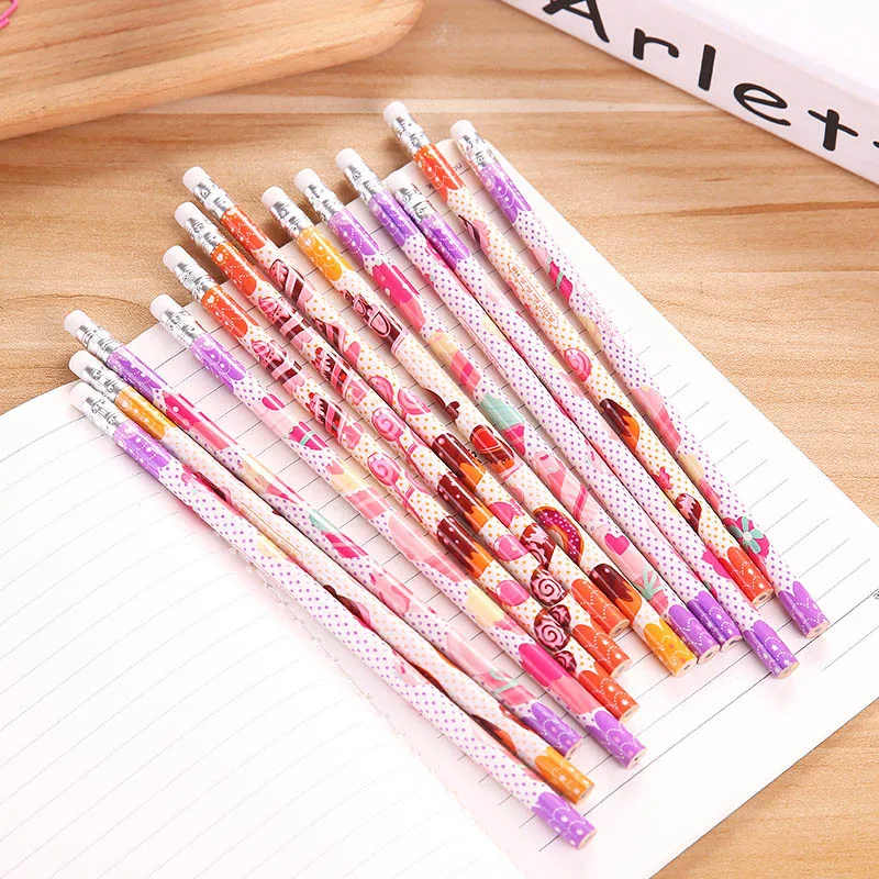 10pcs/lot Cute Kawaii Wooden Pencil Cartoon School Pen With Eraser For