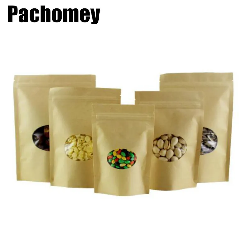 100pcs/lot Kraft Packing Bag With Zip Lock Round Window In Front Snacks Storage Package Paper Bags 19041201