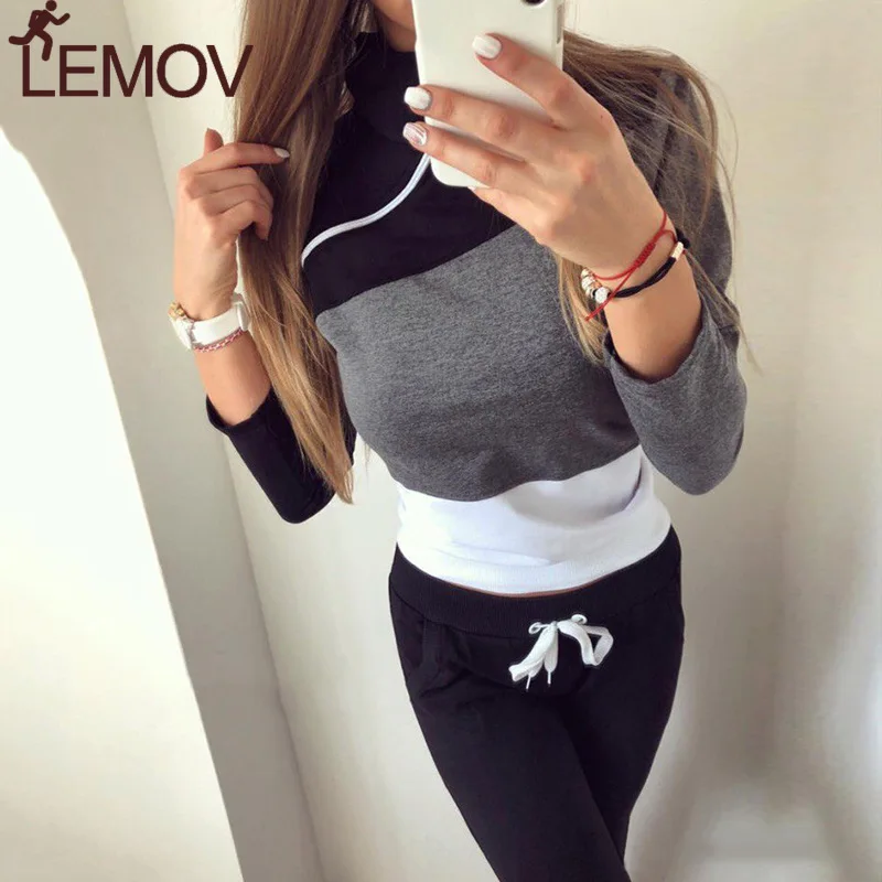 

LEMOV 2 Piece Sets Stitching Color Women's Jogging Suits Stand Neck Running Sets for Women Cotton Polyester Spandex Sports Suits
