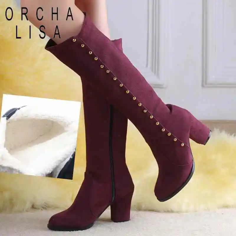 

ORCHA LISA Plus size 32-48 High Quality Warm Fur Shoes Women Zipper Rivets Knee Boots Black Winter boots Botas Mujer QH3275