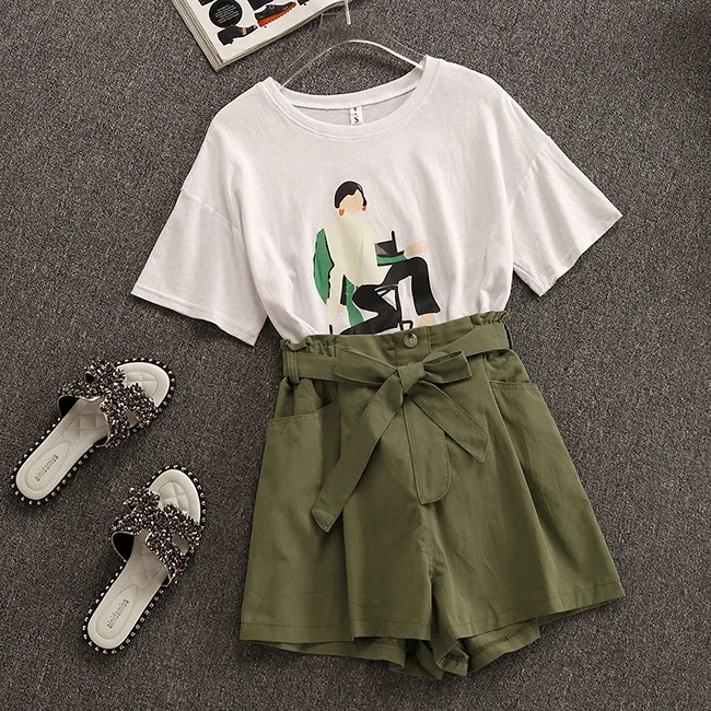 

2019 Summer New Arrival Women Short And Shirt High Waist Loose Casual Style Short Sleeve Printing Free Shipping