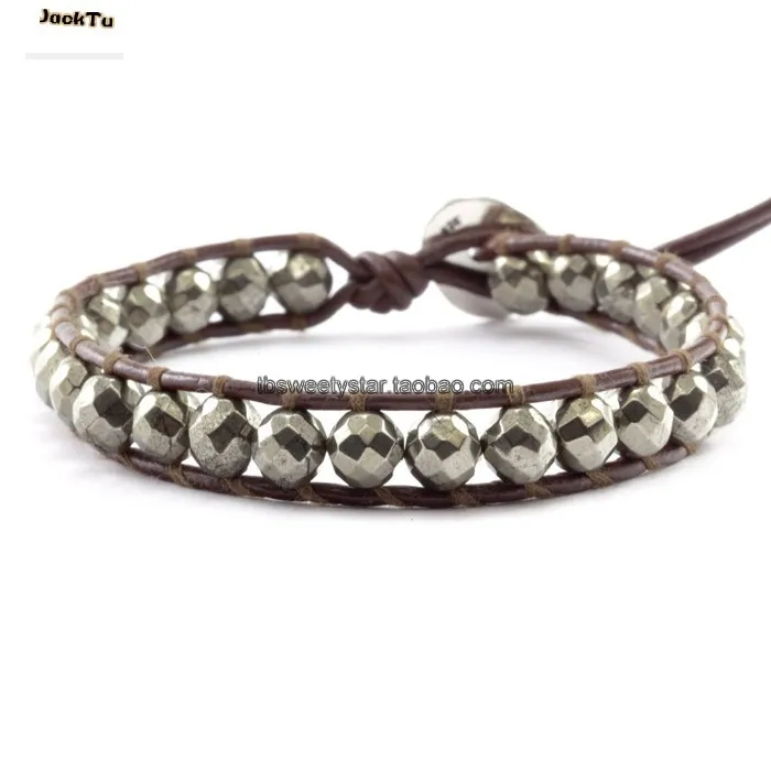 

Pyrite Single Wrap Bracelet on Brown Leather Woman Bracelet