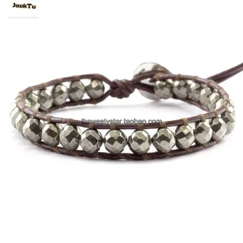 

Pyrite Single Wrap Bracelet on Brown Leather Woman Bracelet