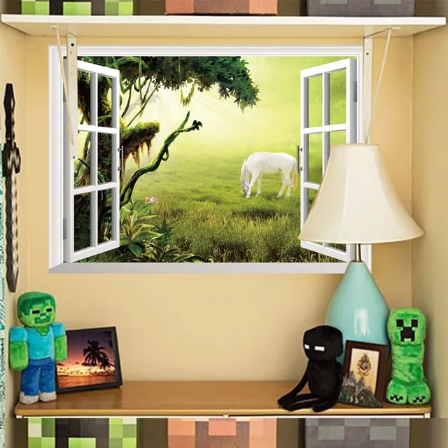 landscape white horse grass wall sticker for kids room 3d effect
