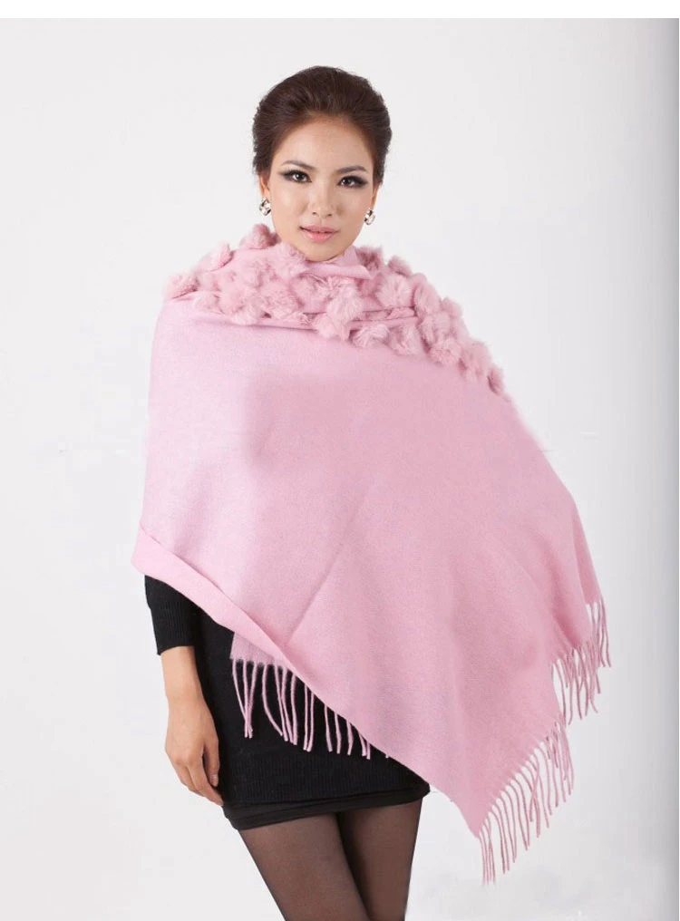 Натуральная Овечья шаль женский зимний шарф для зимы с натуральным кроличьим мехом помпоном Толстая Длинная женская новая роскошная накидка - Цвет: pink