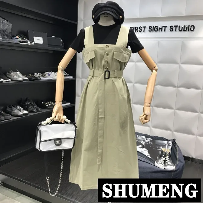 

2019 Spring and Summer New Women's Strap Sling Dress Solid Color Student Girls Casual Medium Long Suspender Dresses