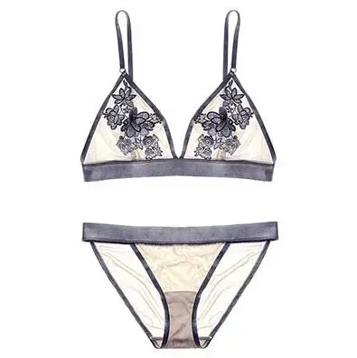 bra and thong set Flower Embroidery Bralette Wireless Transparent Mesh Bra and Panties Set Plunge Deep V Lingerie Underwear Women Brassiere lace bra panty set Bra & Brief Sets