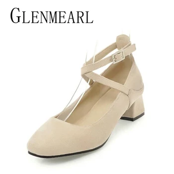 

Brand Women Pumps Fashion High Heels Shoes Black Red Strap Thick Heels Single Shoes Ladies Wedding Pumps Shoes Plus Size 34-46