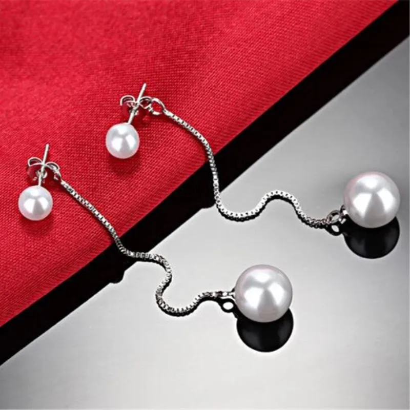 

Exquisite Popular Fashion Silver Jewelry Personality Pearl Tassel Female Long Ear Line Temperament Dangle Earrings SE290