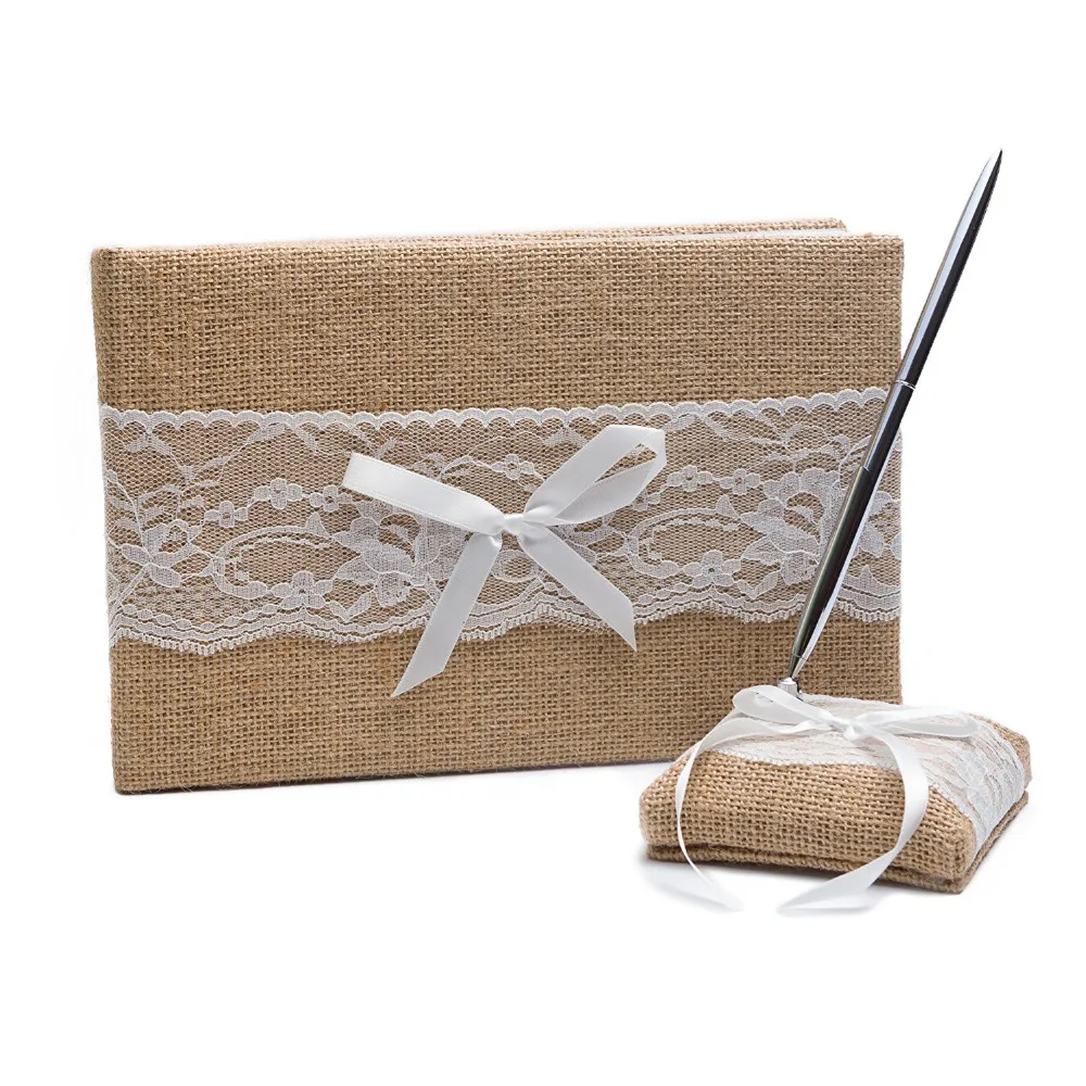 

Wedding Guest Book & Pen Set, Burlap & Lace, Rustic Decoration (Burlap & Lace, Guest Book & Pen Set)