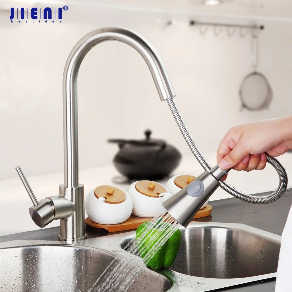 

Modern New Brushed Nickel Kitchen Faucet Pull Out Single Handle Swivel Spout Vessel Sink Mixer Tap