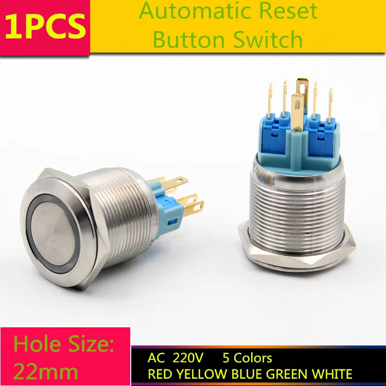 

1PCS YT1078 Metal case Hole Size 22 mm Automatic Reset Switch Metal push button switch With LED Light AC 220V