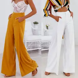 Femme 2018 модные Высокая талия широкие штаны Для женщин Свободные офисные длинные леггинсы для женщин цвет: желтый, Белый Элегантные брюки Pantalon