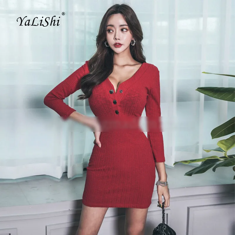

Plus Size Bodycon Bandage Dress 2018 Autumn Women Black Red Long Sleeve V-neck Sexy Club Knitting Dress Casual Club Wrap Dresses