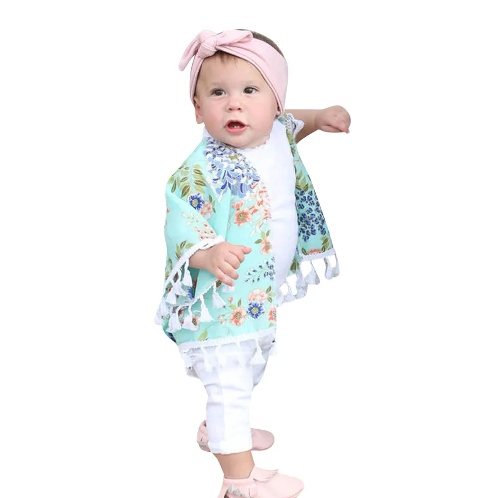 Toddler Baby Girls Flower Tassel Kimono Shawl Cardigan Tops Outfits Set