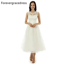 Forevergracedress A Line Lace Sleeveless Wedding Dress Sexy Jewel Neck Tea Length Short Bridal Gown Plus Size Custom Made