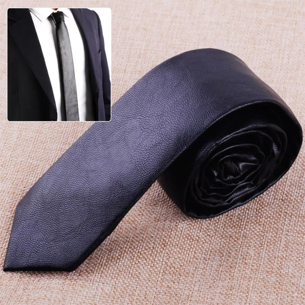 ciciTree Vintage Black PU Faux Leather Men Tie Skinny Thin Casual