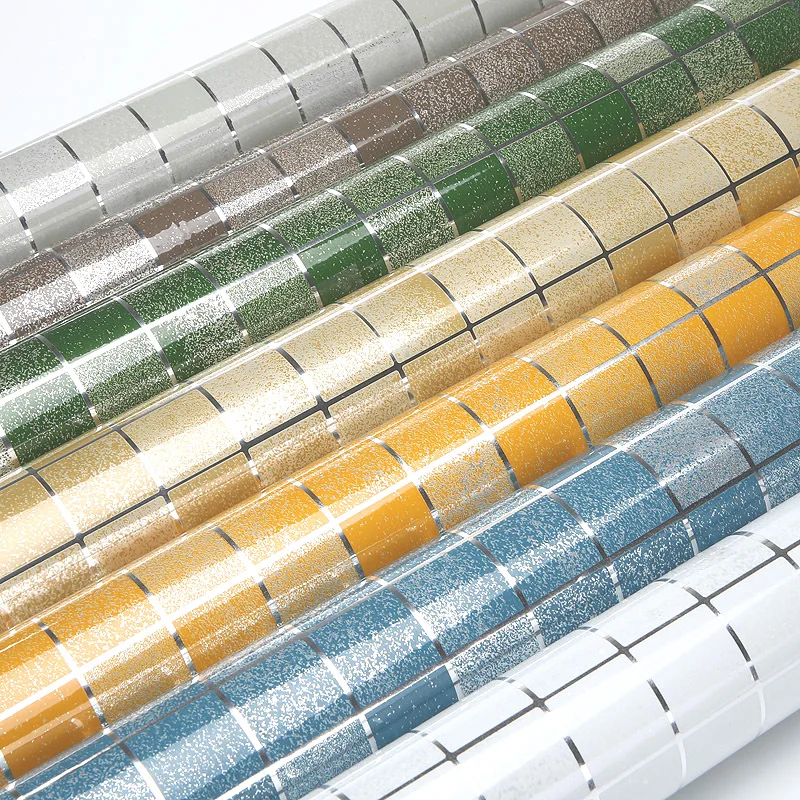 1M/roll coffee silver Vinyl Tile Mosaic Wallpaper PVC Self Adhesive Kitchen Oil proof Waterproof Wall Stickers Home Bath Decor