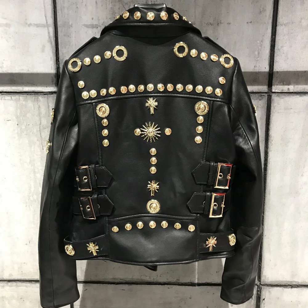 European style women's rivets jackets coat 2019 spring real leather biker jackets High quality sheepskin coat G152