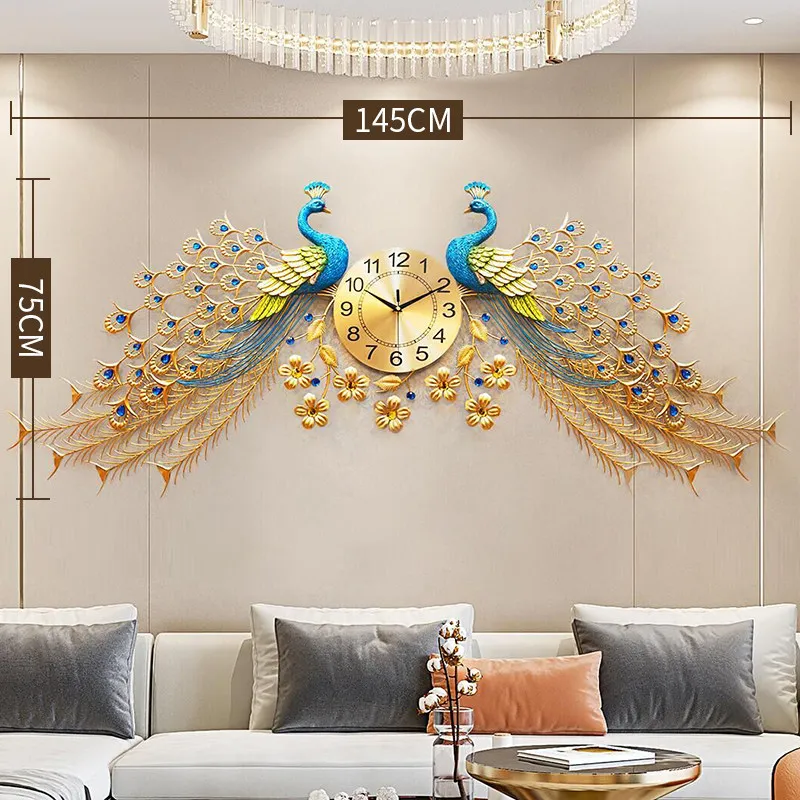 

Large Double Peacock Wall Clock Metal Digital Wall Watch Home Decor Living Room Bedroom Silent Clock Wall Creative Design Clocks