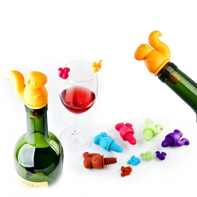 

Silicone Squirrel Wine Bottle Stopper Wine Cork Plug 6pc Party Wine Glass Marker Cup Recognizer Drinking Stopper Accessories
