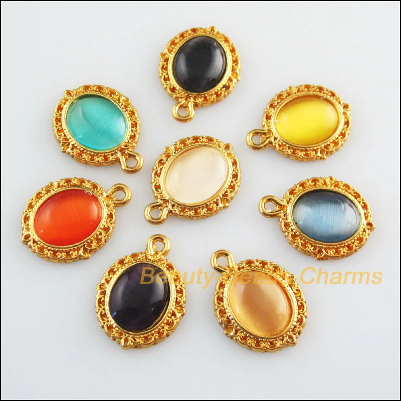 

16 Charms Oval Flower Mixed Stone Flatback Pendants Gold Color 13.5x18mm