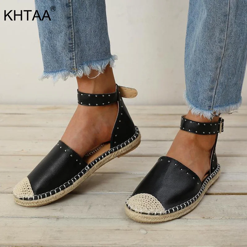 

KHTAA Women Summer Hemp Rivets Flat Casual Pu Ankle Strap Fashion Ladies Sewing Gladiator Style Two Piece Female Outdoor Shoes