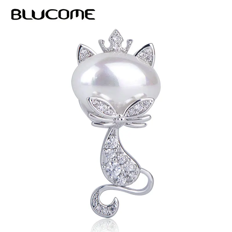 Женская брошь в форме кошки Blucome из меди и циркона с искусственным жемчугом