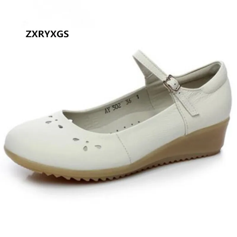 

2019 New spring summer white shoes woman nurse shoes flat wedges Hollow genuine leather shoes sandals fashionable casual shoes